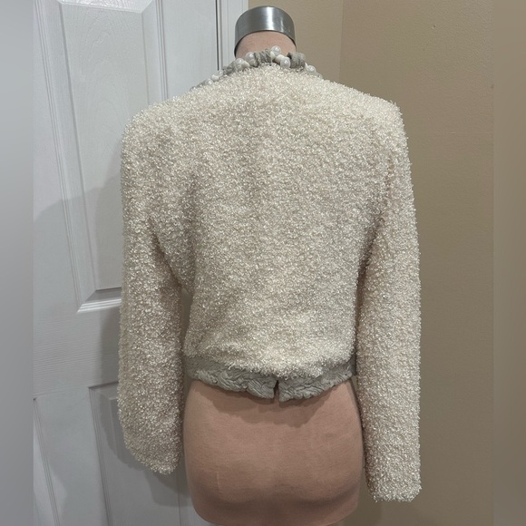 Alberto Makali Ivory Pearl Trim Bouclé Jacket Satin Panels and Bow Size Large - Picture 7 of 8
